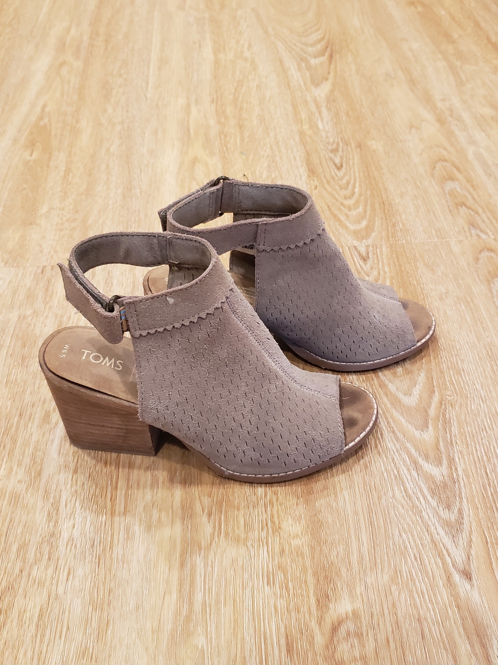 TOMS Taupe Suede Peep-Toe Block Heel Sandals